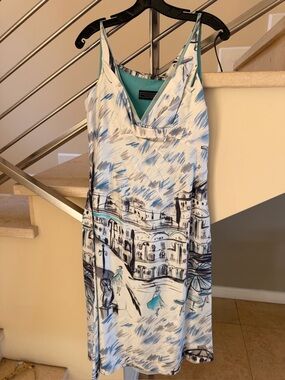 Vintage Richard Tyler White & Light Blue Printed V-Neck Slip Dress